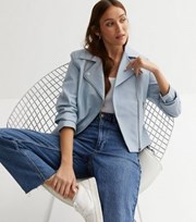 New Look Pale Blue Leather-Look Quilted Biker Jacket